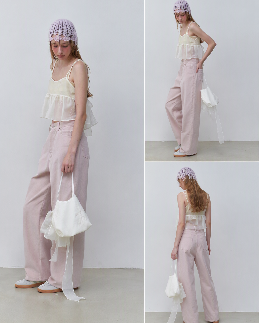 Three-view lookbook of a pastel outfit with pink trousers