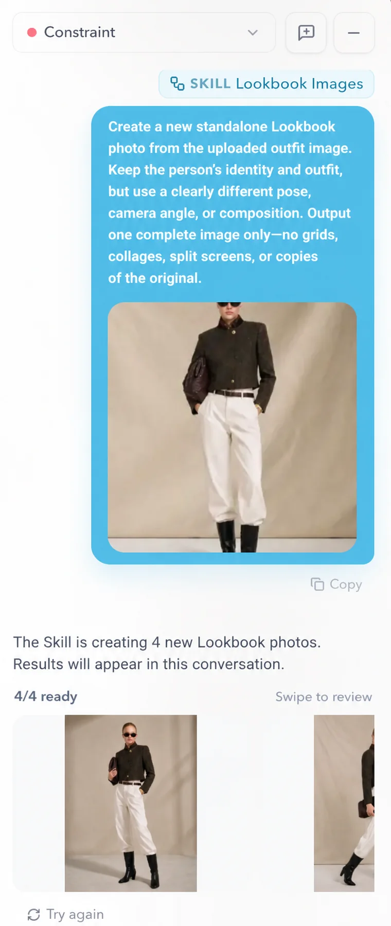 DOBIDOBI 中逐张审核 AI Lookbook 系列顺序和一致性