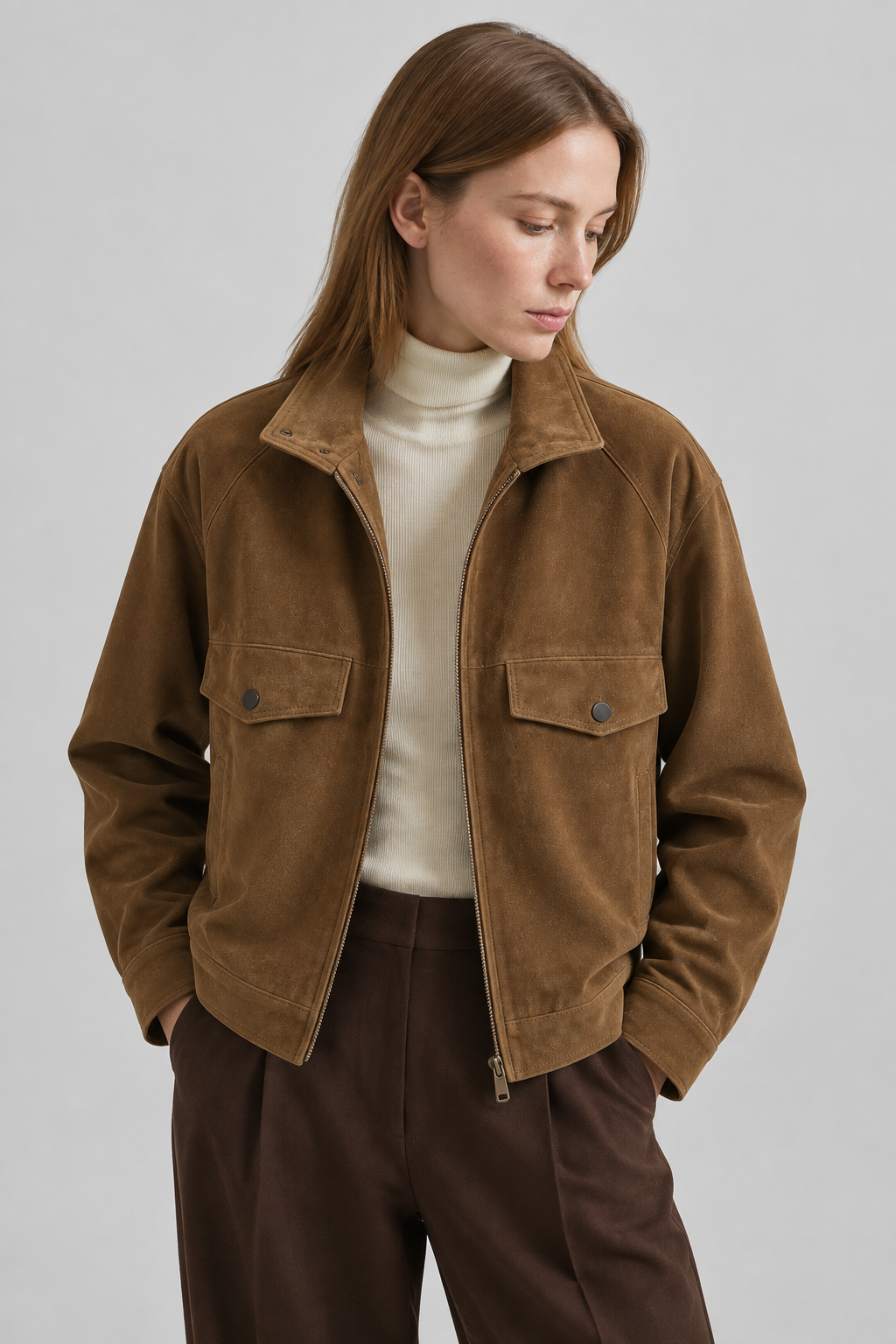 First generated brown jacket studio image with the model looking down