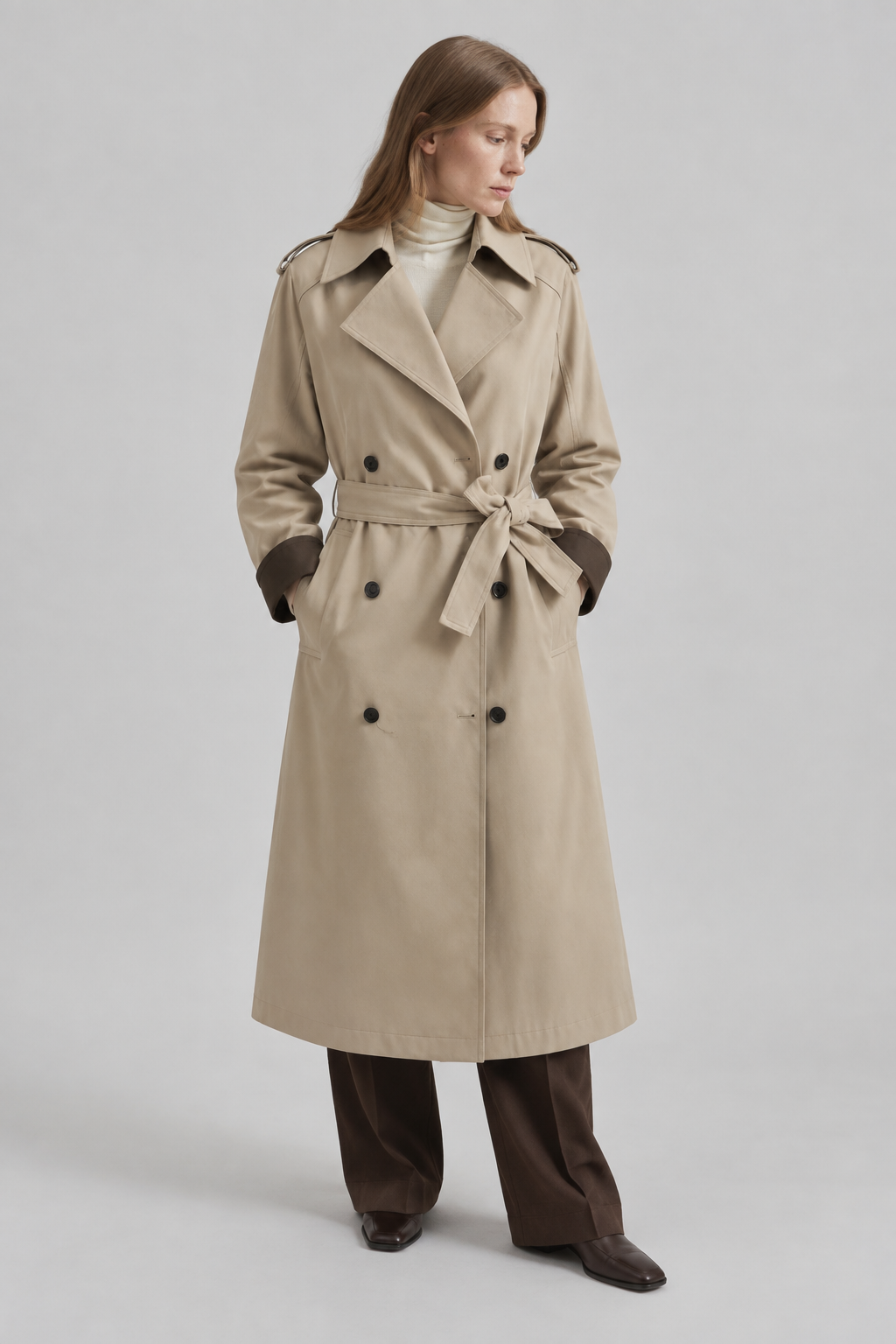 Beige trench coat generated using the same saved Style as the brown jacket