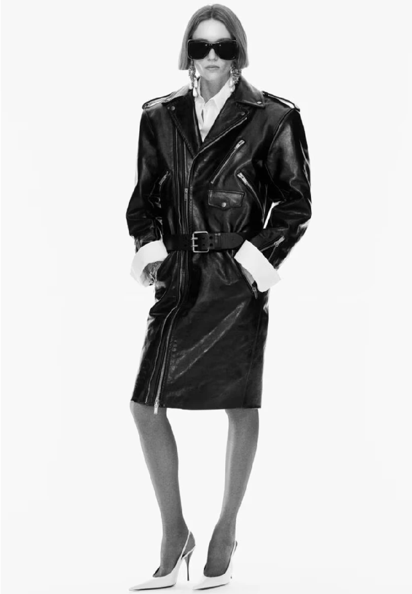 AI lookbook reference image with black leather coat, sunglasses, high heels, and studio fashion styling