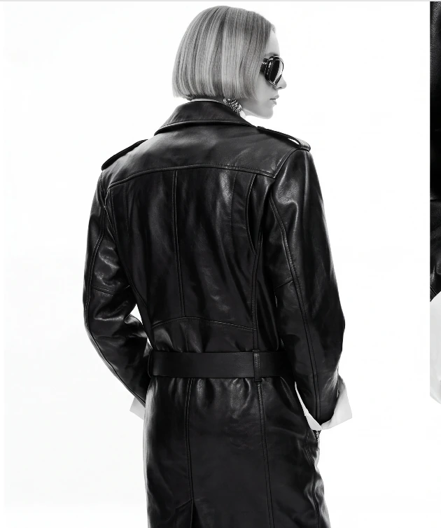 AI lookbook output showing a black leather coat from a back three-quarter angle