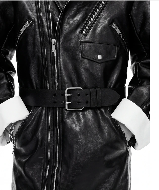AI product detail output showing black leather texture, zippers, and belt close-up