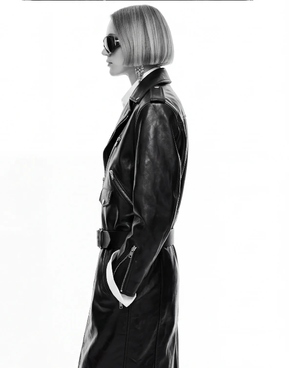 AI lookbook output showing a black leather coat from the side profile