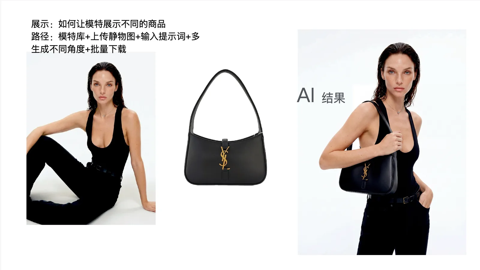 AI model product image example combining a model library pose with a handbag product photo