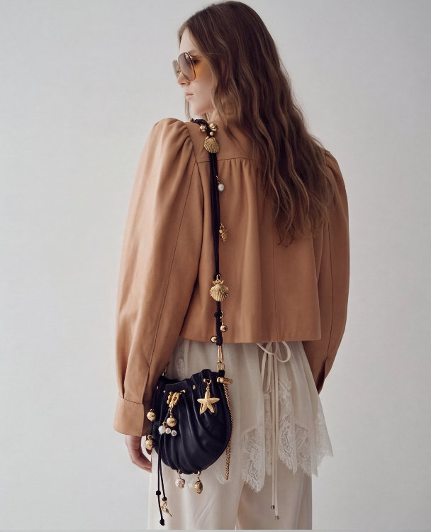 AI lookbook output showing the beige jacket and black bag from a back detail angle