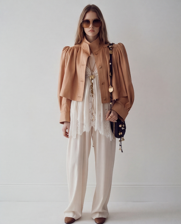 AI lookbook output showing the beige jacket outfit as a front full-body product image