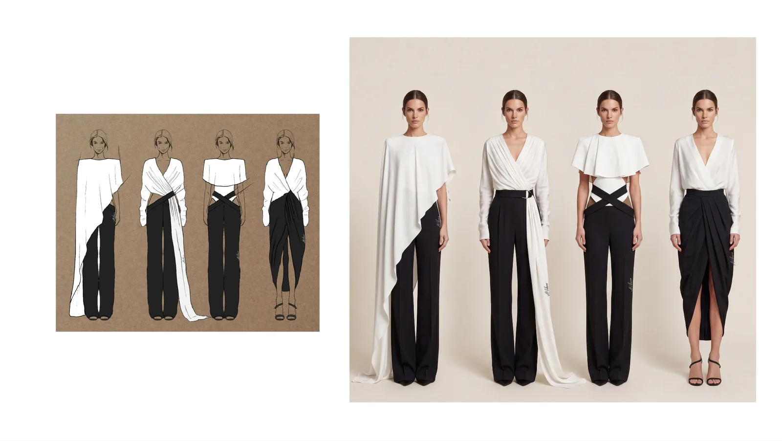 AI lookbook generation example extending black and white fashion sketches into a model series
