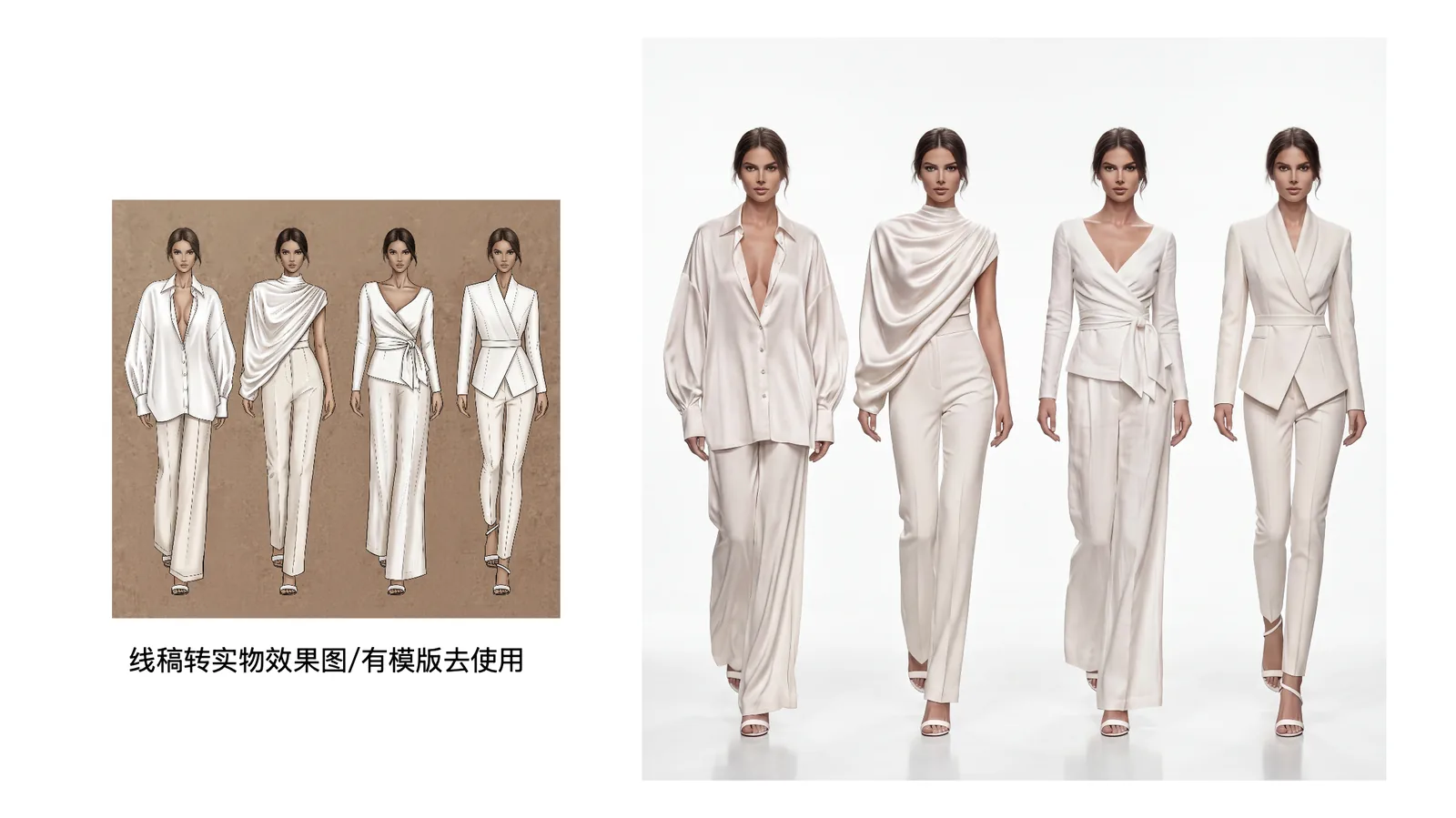AI fashion design example turning white garment sketches into realistic model lookbook visuals
